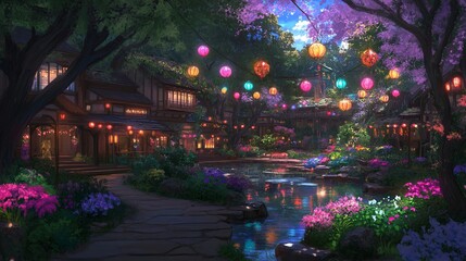 Enchanting Lantern Lit Village by Night Waterside