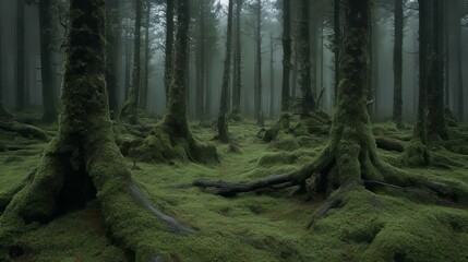 Obraz premium Enchanting Mossy Forest, Misty Atmosphere, Ancient Trees