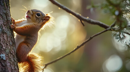 Obraz premium Squirrel Curiously in Forest Sunshine Light Spots Wildlife Outdoor 