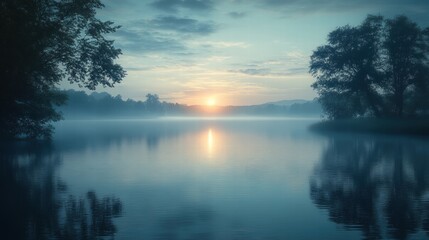 Captivating sunrise reflection serene lake double exposure nature art tranquil setting wide angle realistic photo