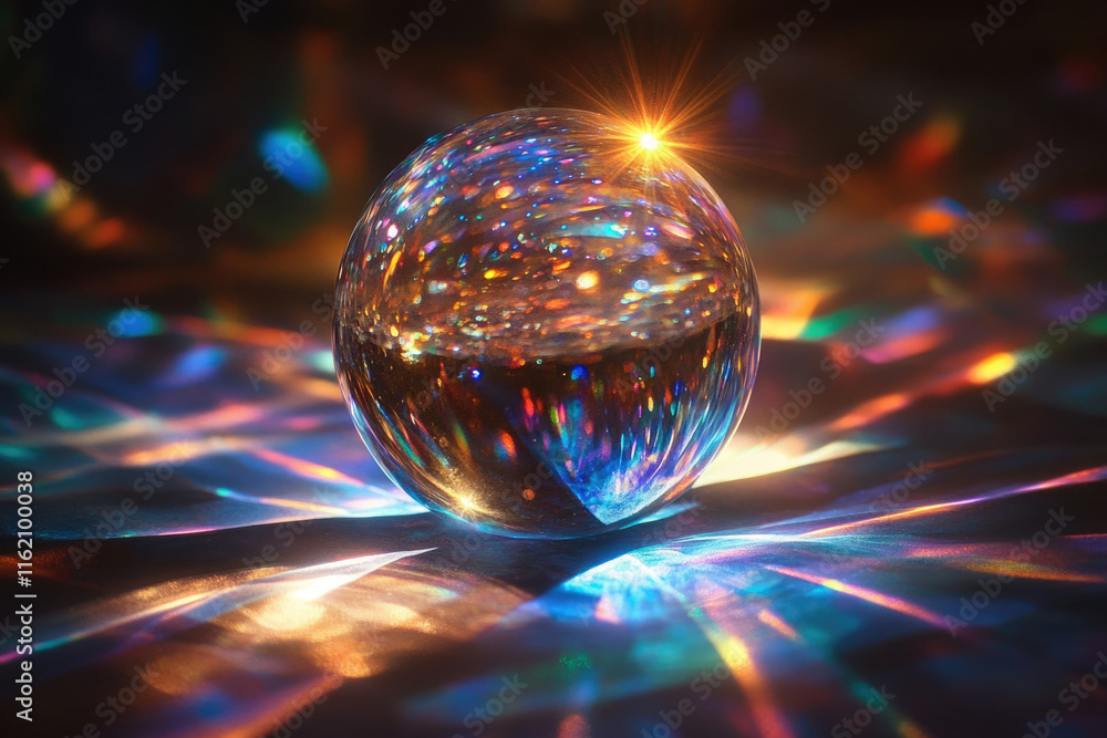 Poster a crystal ball reflects iridescent light, creating a mesmerizing display of colors and sparkles.