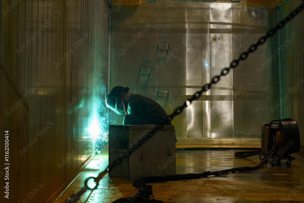 Poster skilled welder creating sparks in dimly lit industrial space