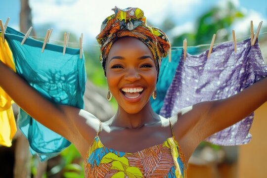 image of excited african woman  holding clothes peg  outdoor cloth drying concept