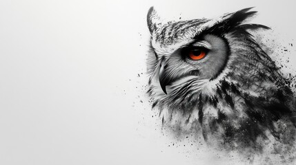 Majestic owl portrait, monochrome with vibrant orange eyes, artistic digital paint splatter effect.