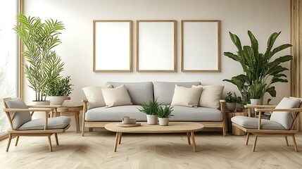Fototapeta premium Modern minimalist living room interior design with light grey sofa, wooden furniture, plants, and three blank frames on the wall.