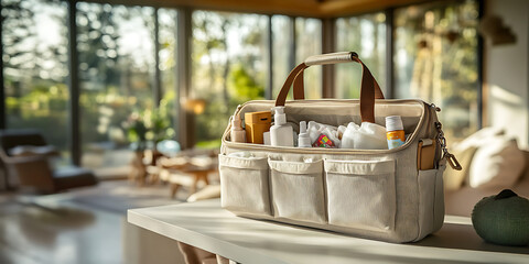 Beige diaper bag filled with baby essentials sits on a table in a sunlit living room.