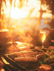 Happy friends having barbecue meal outdoor with back sun light - Young people having at bbq party toasting beers - Friendship,summer and dinner concept - Focus on right man face - Warm filter