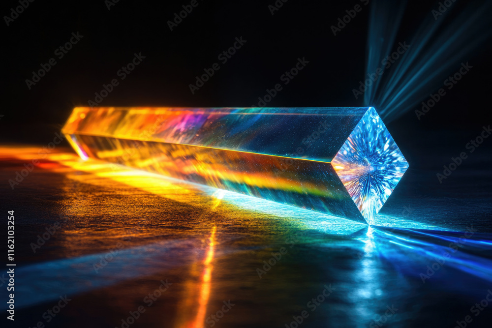 Poster a vibrant prism refracts light, creating a mesmerizing display of color and brilliance on a dark sur
