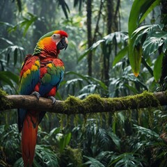 Obraz premium A colorful parrot perched on a branch in a dense tropical rainforest.