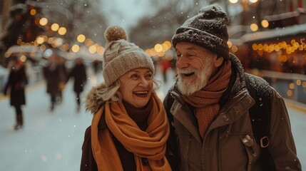 happy smiling caucasian couple of beard pensioner and his beautiful mature wife skating holding hands on outdoor rink on christmas eve