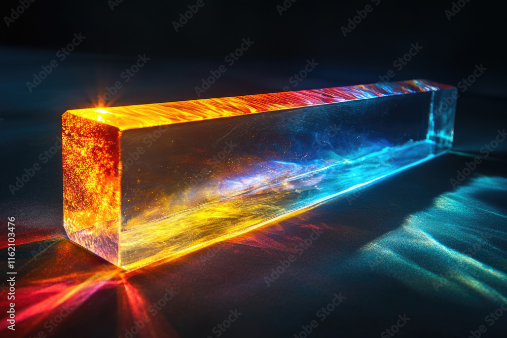 Poster a vibrant rectangular resin block with mesmerizing orange and blue hues, illuminated to create a stu