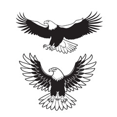 flying hunting bald eagle black silhouette illustration design.