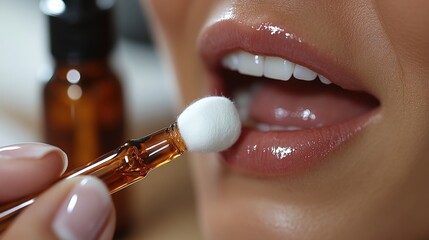 Close-up of woman applying lip balm with applicator.