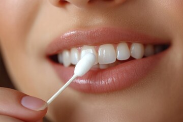 Naklejka premium Close-up of woman's mouth with cotton swab.