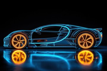A modern car is illuminated by vibrant neon lights, highlighting its unique design. The striking outline and reflections create a captivating visual effect.