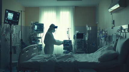 A hospital room with a man in a full body suit working on a bed