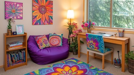 Cozy Office Corner with Bean Bag and Desk Setup
