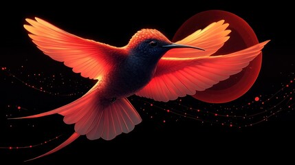 Obraz premium Fiery hummingbird in flight against a red sun.