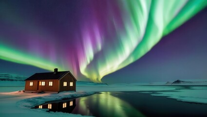 Fototapeta premium Aurora borealis display over cozy cabin iceland nature photography winter wonderland landscape