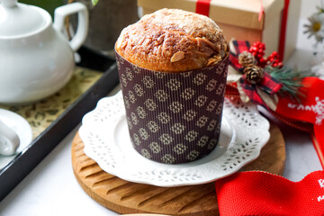 Panettone is a traditional Italian sweet bread, rich with dried fruits and citrus, often enjoyed during the holidays.