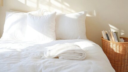 Neatly made bed in a cozy guest bedroom with a blanket basket and books on the bedside table in soft natural light