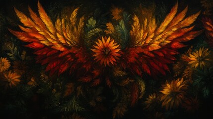 Obraz premium Fiery Wings Embrace Autumnal Blooms Painting