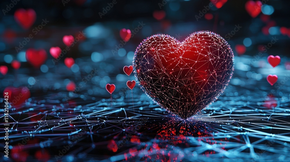Poster 3d heart surrounded by glowing pathways connecting symbols of progress