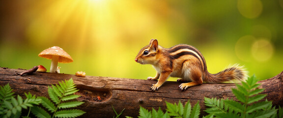Obraz premium Chipmunk exploring fallen log with mushrooms in serene forest, nature's beauty