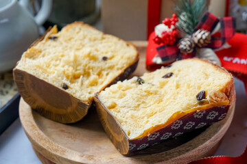 Panettone is a traditional Italian sweet bread, rich with dried fruits and citrus, often enjoyed during the holidays.