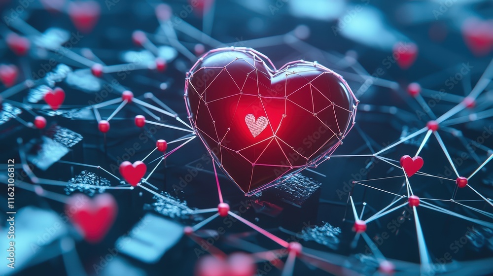 Poster 3d heart surrounded by glowing pathways connecting symbols of progress