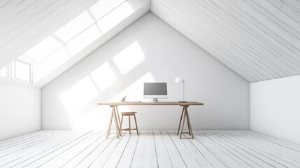 Fototapeta premium An attic conversion into a bright and airy home office space, featuring skylights and minimalist furniture.