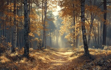 Fototapeta premium A peaceful forest bathed in golden autumn sunlight, with light filtering through trees and fallen leaves in the foreground, evoking a calm atmosphere