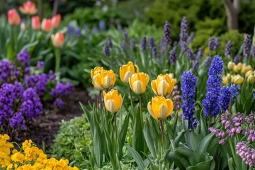 Obraz premium A beautiful spring garden showcases a variety of colorful flowers, including yellow tulips and purple hyacinths, surrounded by lush green foliage.