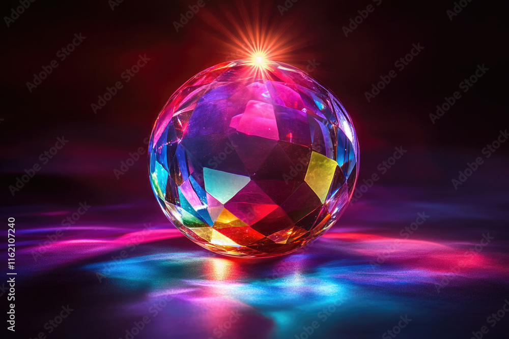 Poster a vibrant, multifaceted crystal sphere radiates colorful light, creating a mesmerizing display of re