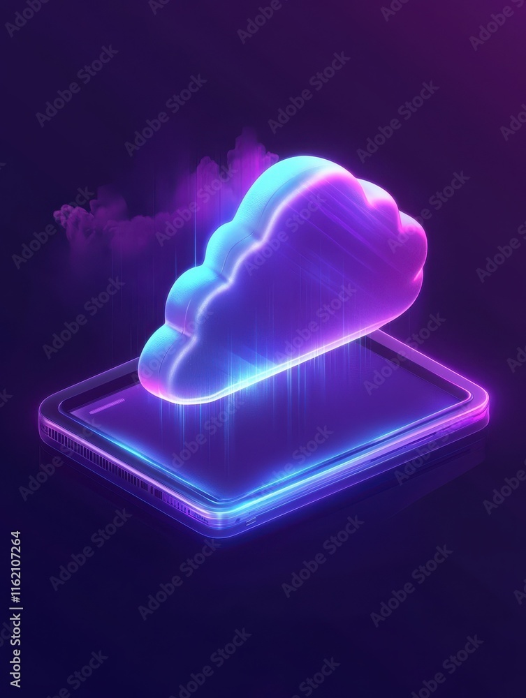 Poster isometric cloud storage concept. synchronization backend cloud data storage with laptop, smartphone 