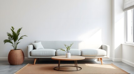 Minimalist living room arrangement is equipped with a soft sofa, neutral colors, white walls, and stylish decorations such as woven mats