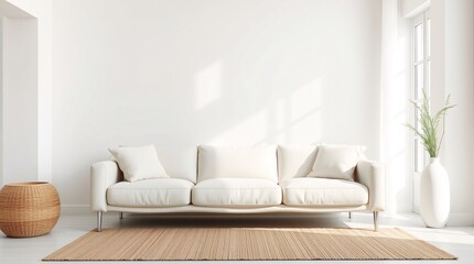 Minimalist living room arrangement is equipped with a soft sofa, neutral colors, white walls, and stylish decorations such as woven mats