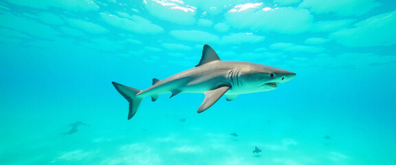 Obraz premium Elegant blacktip shark swimming in clear turquoise waters, underwater serenity