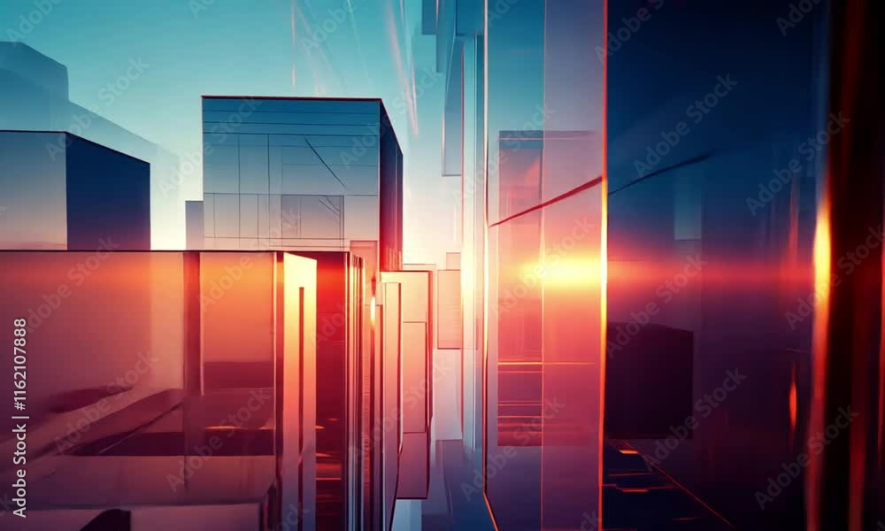 Poster Simple but Striking Animation of Rotating Geometric Prisms with Transparent Edges Reflecting Light Against Dark Gradient Background