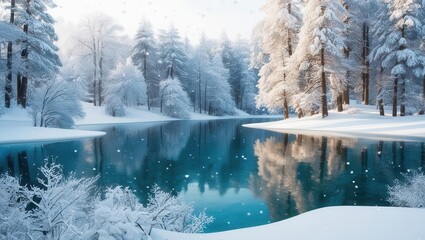 Serene snowy landscape reflection winter forest nature photography tranquil environment aerial view