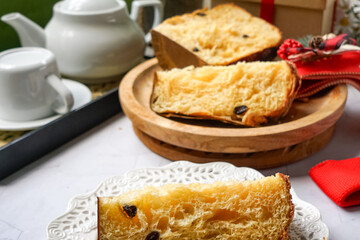 Panettone is a traditional Italian sweet bread, rich with dried fruits and citrus, often enjoyed during the holidays.