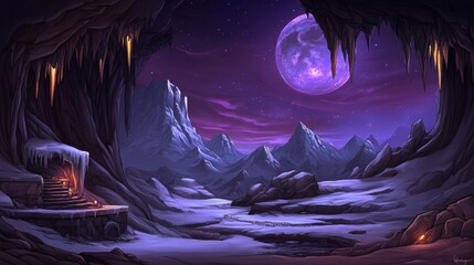 Fototapeta premium Frozen Peaks Lunar Night Cave Entrance Fantasy Art