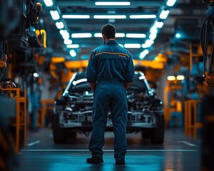 Car mechanic in an overall uniform examining the engine under the hood in a spotless, modern car service workshop with advanced equipment
