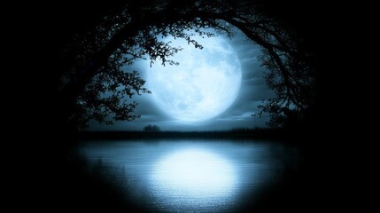 Full Moon Serenity Lake Reflection Night Scene