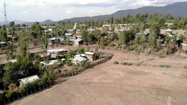 Aerial footage over Lalibela city houses and football field, Ethiopia 
Drone voew over Lalibela city houses and football field, Ethiopia 
