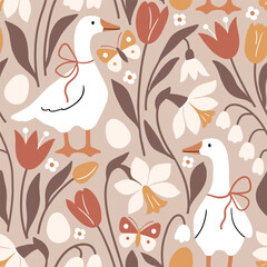 Seamless vector pattern with white goose on floral background. Hand drawn cute Easter goose pattern. Perfect for textile, wallpaper or nursery print design.