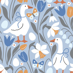 Seamless vector pattern with white goose on floral background. Hand drawn cute Easter goose pattern. Perfect for textile, wallpaper or nursery print design.