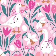 Seamless vector pattern with white goose on floral background. Hand drawn cute Easter goose pattern. Perfect for textile, wallpaper or nursery print design.