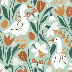 Seamless vector pattern with white goose on floral background. Hand drawn cute Easter goose pattern. Perfect for textile, wallpaper or nursery print design.