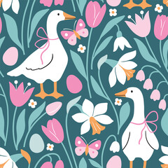Seamless vector pattern with white goose on floral background. Hand drawn cute Easter goose pattern. Perfect for textile, wallpaper or nursery print design.